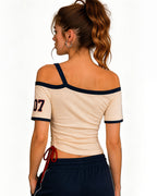 US Women's Jersey White Off Shoulder Crop Drawstring Tee for Stadium Sports Cheering