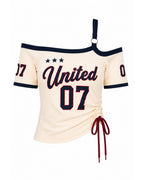 US Women's Jersey White Off Shoulder Crop Drawstring Tee for Stadium Sports Cheering