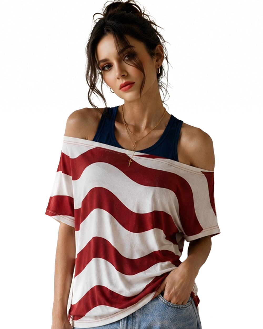 US Women's Soccer Team Jersey Red White and Blue Striped 2in1 T-Shirt for Sports Fan Parties Outdoor Music Festival