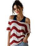 US Women's Soccer Team Jersey Red White and Blue Striped 2in1 T-Shirt for Sports Fan Parties Outdoor Music Festival