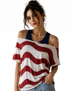 US Women's Soccer Team Jersey Red White and Blue Striped 2in1 T-Shirt for Sports Fan Parties Outdoor Music Festival