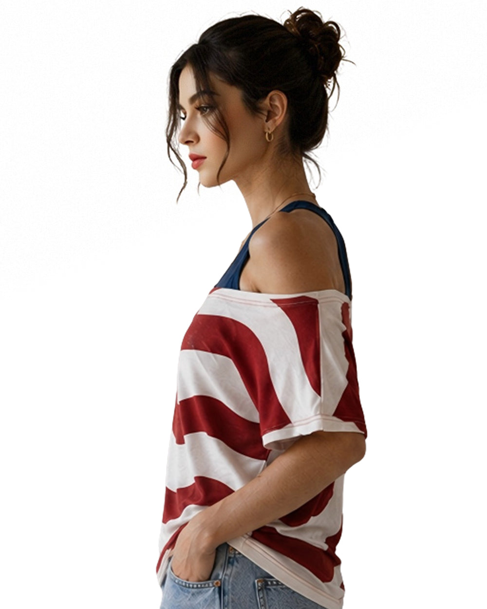 US Women's Soccer Team Jersey Red White and Blue Striped 2in1 T-Shirt for Sports Fan Parties Outdoor Music Festival