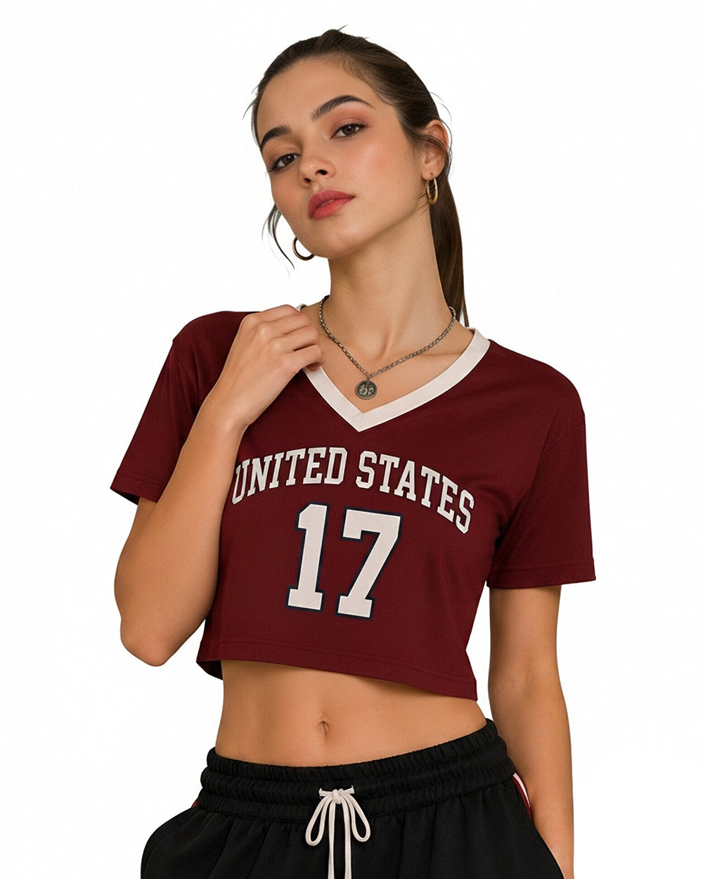 USA Womens Shirts Burgundy V-neck Cropped Jersey with Custom Number for Football Game Night Tailgating