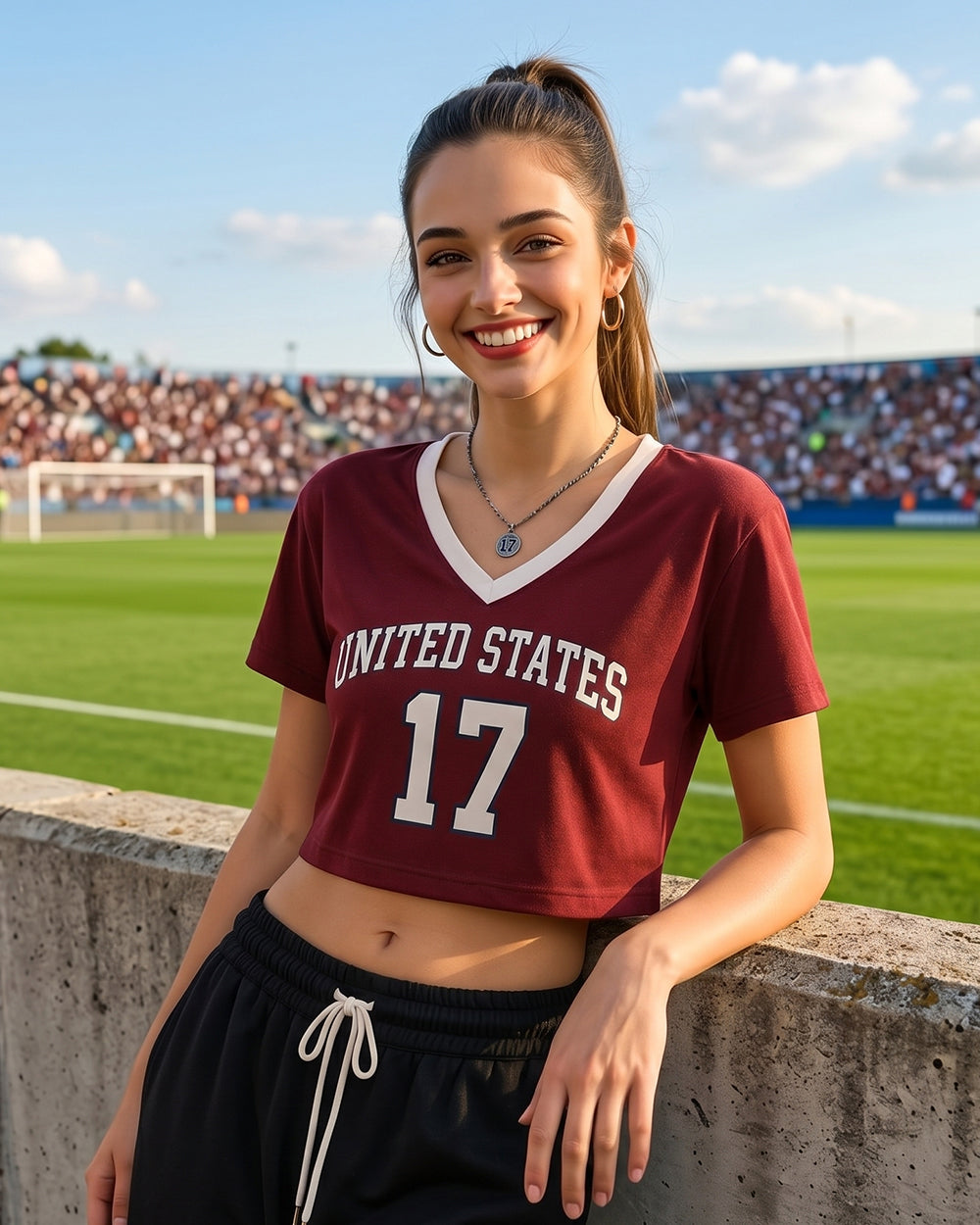 USA Womens Shirts Burgundy V-neck Cropped Jersey with Custom Number for Football Game Night Tailgating