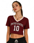 USA Womens Shirts Burgundy V-neck Cropped Jersey with Custom Number for Football Game Night Tailgating