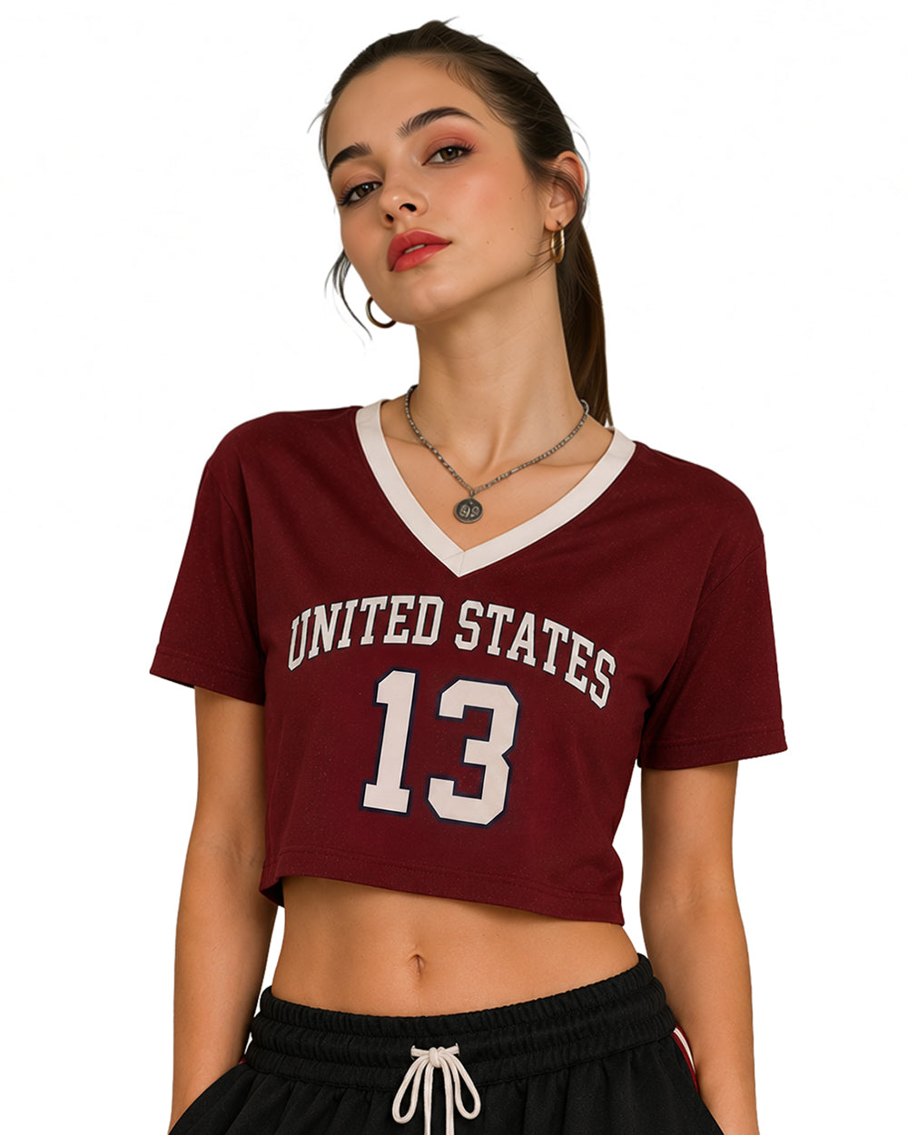 USA Womens Shirts Burgundy V-neck Cropped Jersey with Custom Number for Football Game Night Tailgating