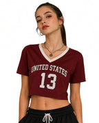 USA Womens Shirts Burgundy V-neck Cropped Jersey with Custom Number for Football Game Night Tailgating