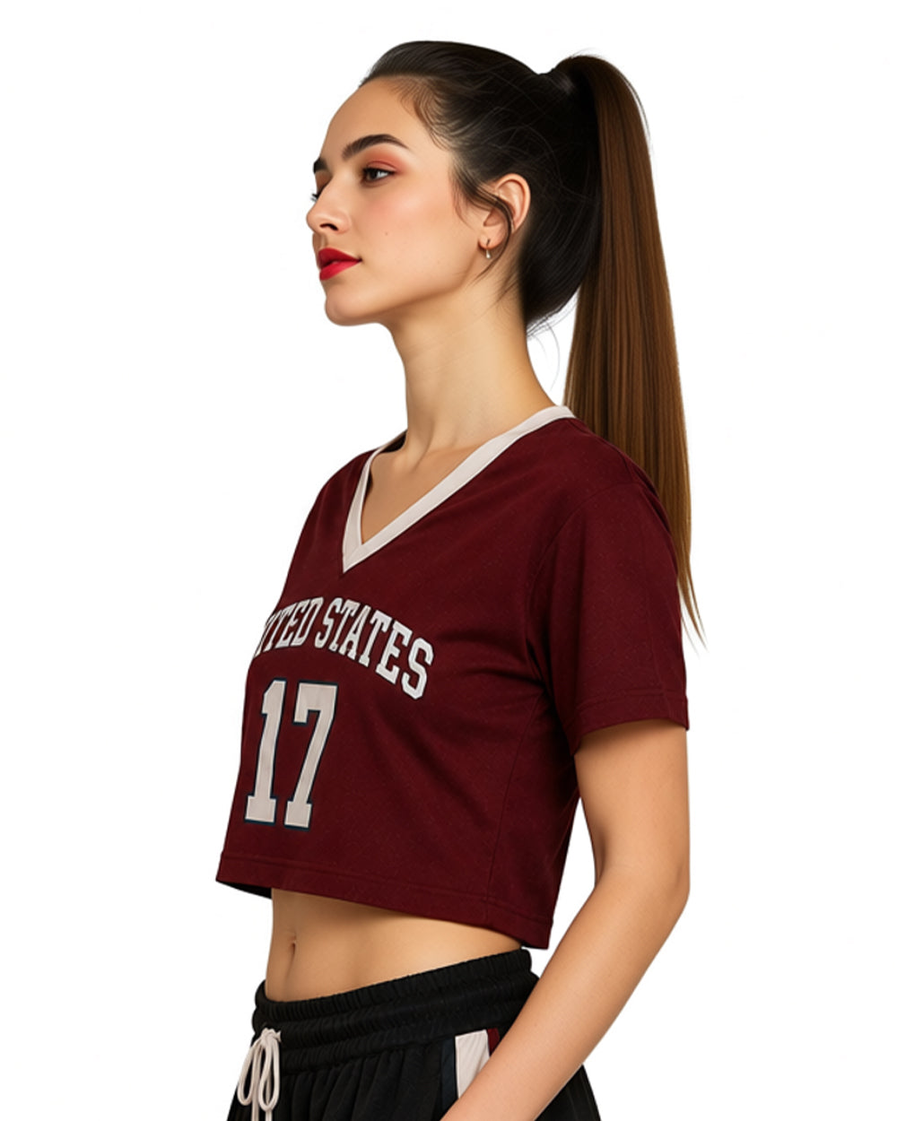 USA Womens Shirts Burgundy V-neck Cropped Jersey with Custom Number for Football Game Night Tailgating