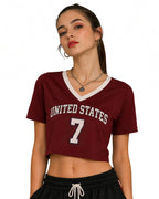 USA Womens Shirts Burgundy V-neck Cropped Jersey with Custom Number for Football Game Night Tailgating