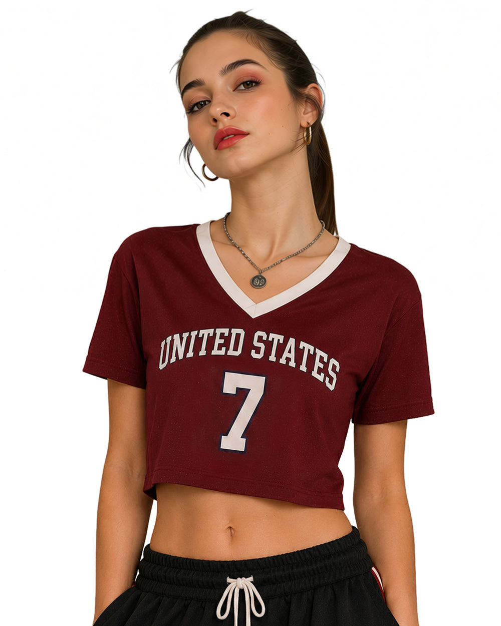 USA Womens Shirts Burgundy V-neck Cropped Jersey with Custom Number for Football Game Night Tailgating