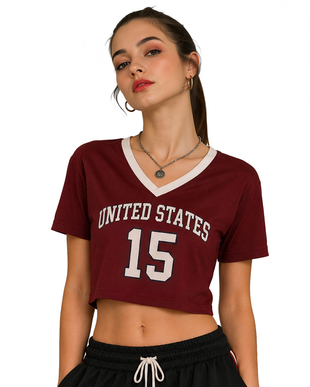 USA Womens Shirts Burgundy V-neck Cropped Jersey with Custom Number for Football Game Night Tailgating