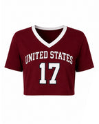 USA Womens Shirts Burgundy V-neck Cropped Jersey with Custom Number for Football Game Night Tailgating