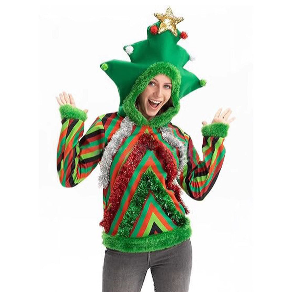 Unisex Ugly Christmas Sweater Women Men Christmas Outfit Funny Xmas Tree Hooded Sweatshirt