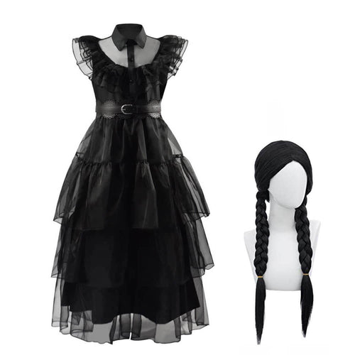 Wednesday Addams Costume Girls Wednesday Outfit Black Gothic Tulle Lace  Cosplay Dress  Sun Baby