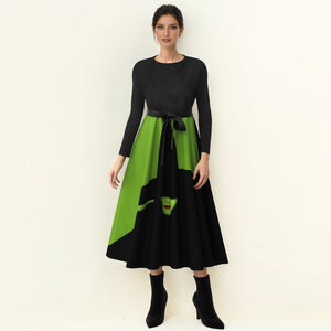 Female Elphaba Costume Green Casual Swing Maxi Dress with Belt for Daily Wear