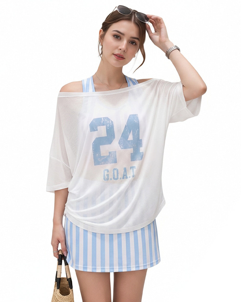 Women Argentina Jersey Off-Shoulder Sky Blue White Shirt and Dress 2pcs Suit for Match Day and Beach Vacation