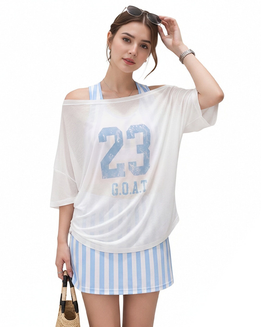 Women Argentina Jersey Off-Shoulder Sky Blue White Shirt and Dress 2pcs Suit for Match Day and Beach Vacation