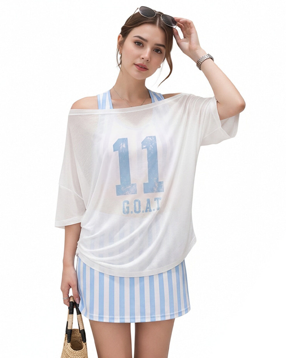 Women Argentina Jersey Off-Shoulder Sky Blue White Shirt and Dress 2pcs Suit for Match Day and Beach Vacation