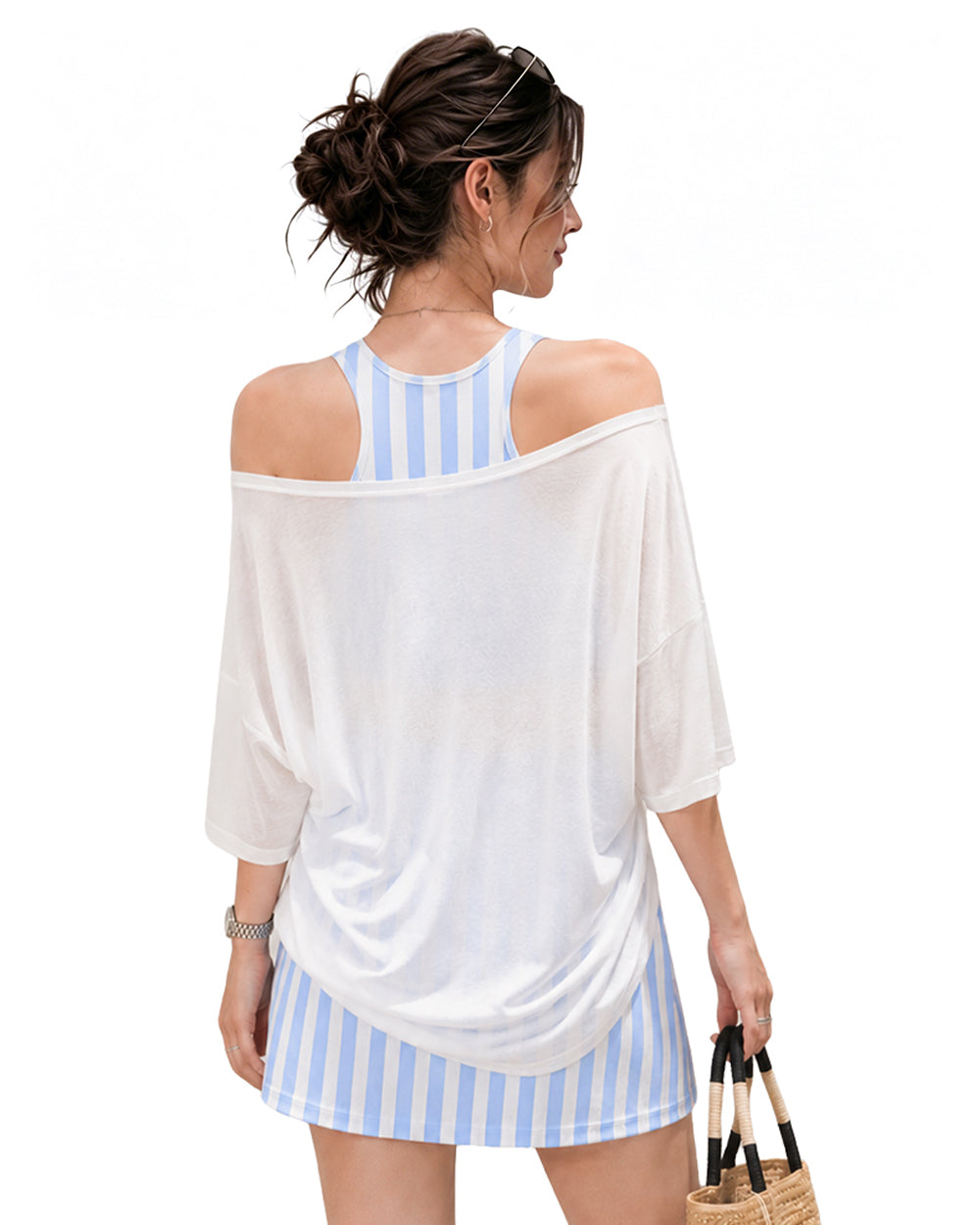 Women Argentina Jersey Off-Shoulder Sky Blue White Shirt and Dress 2pcs Suit for Match Day and Beach Vacation