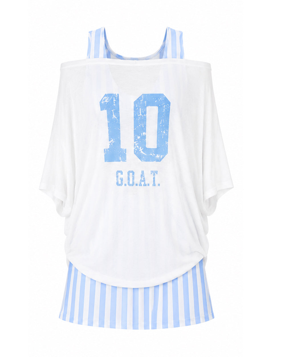 Women Argentina Jersey Off-Shoulder Sky Blue White Shirt and Dress 2pcs Suit for Match Day and Beach Vacation