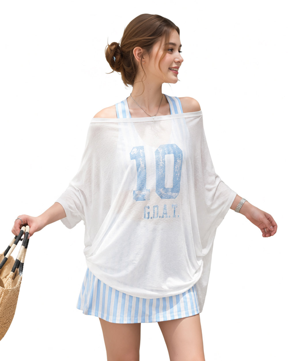 Women Argentina Jersey Off-Shoulder Sky Blue White Shirt and Dress 2pcs Suit for Match Day and Beach Vacation