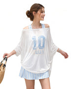 Women Argentina Jersey Off-Shoulder Sky Blue White Shirt and Dress 2pcs Suit for Match Day and Beach Vacation