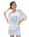 Women Argentina Jersey Off-Shoulder Sky Blue White Shirt and Dress 2pcs Suit for Match Day and Beach Vacation