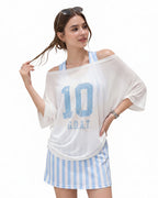 Women Argentina Jersey Off-Shoulder Sky Blue White Shirt and Dress 2pcs Suit for Match Day and Beach Vacation