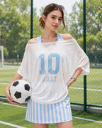 Women Argentina Jersey Off-Shoulder Sky Blue White Shirt and Dress 2pcs Suit for Match Day and Beach Vacation