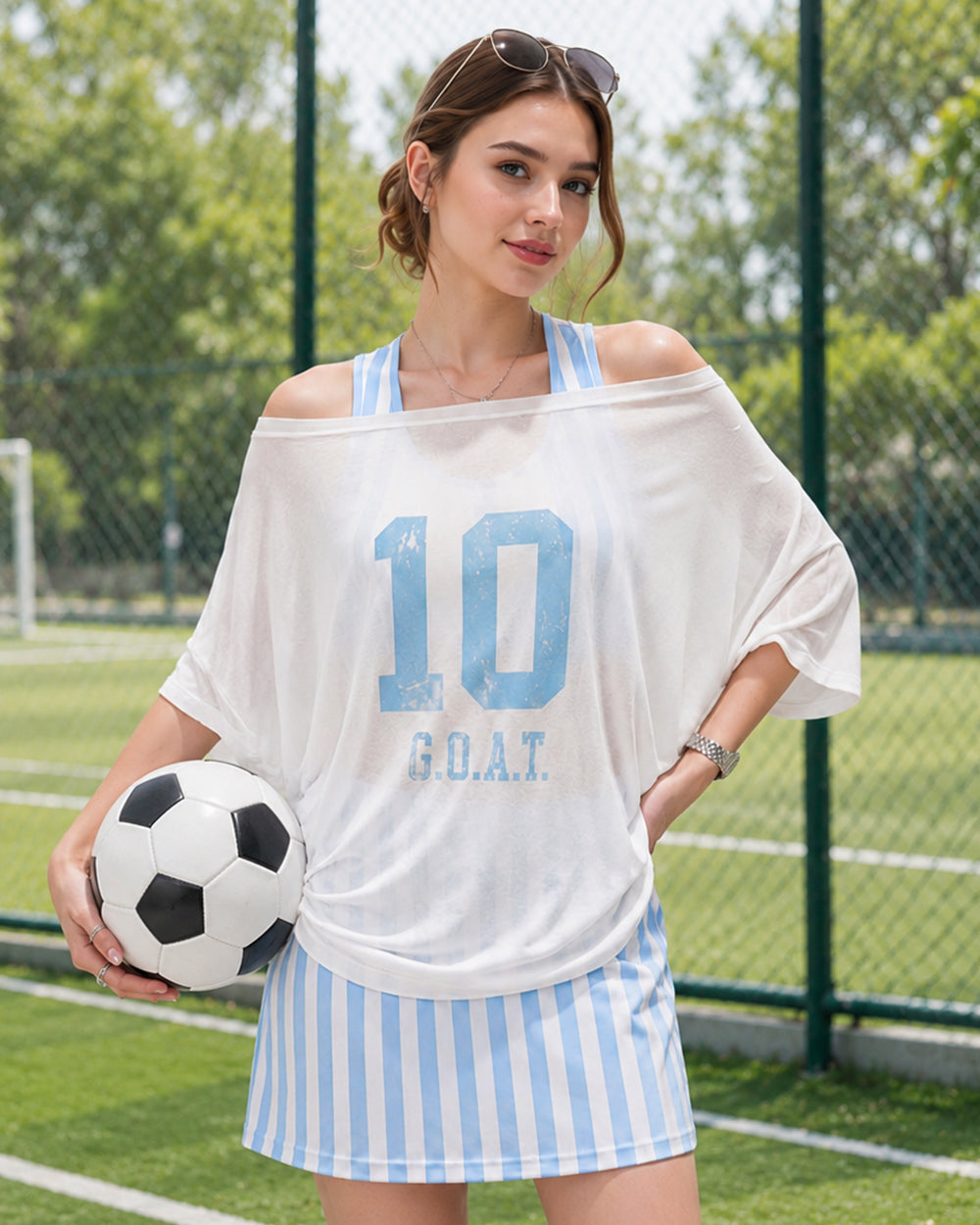 Women Argentina Jersey Off-Shoulder Sky Blue White Shirt and Dress 2pcs Suit for Match Day and Beach Vacation