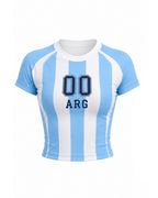 Women Argentina Soccer Jersey Short Sleeve T Shirt Blue and White Striped Crop Top for Outdoor Tailgate Parties