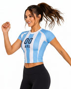 Women Argentina Soccer Jersey Short Sleeve T Shirt Blue and White Striped Crop Top for Outdoor Tailgate Parties