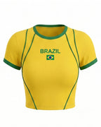 Women Brazil Jersey Yellow Short Sleeve Crop Top Slim Fit Shirt for Stadium Sports Cheering Parties