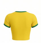 Women Brazil Jersey Yellow Short Sleeve Crop Top Slim Fit Shirt for Stadium Sports Cheering Parties