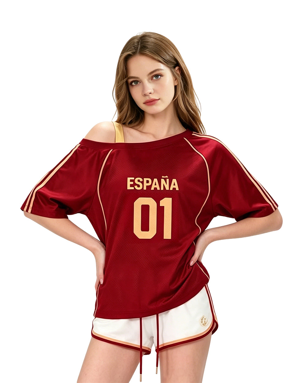 Women Spain Jersey Dark Red Off Shoulder Top for Football Game Day Sports Outfits and Streetwear