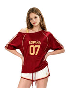 Women Spain Jersey Dark Red Off Shoulder Top for Football Game Day Sports Outfits and Streetwear
