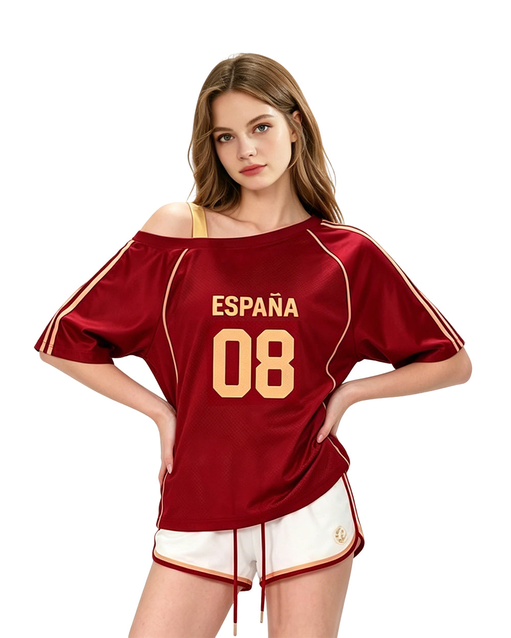 Women Spain Jersey Dark Red Off Shoulder Top for Football Game Day Sports Outfits and Streetwear