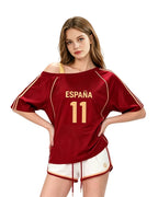 Women Spain Jersey Dark Red Off Shoulder Top for Football Game Day Sports Outfits and Streetwear