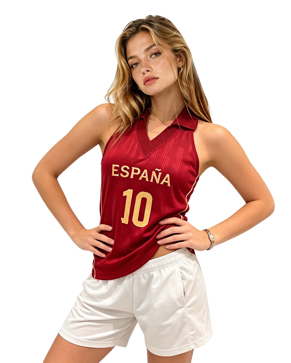 Women Spain Jersey Dark Red Sleeveless Polo Tank Top for Football Game Day Stadium Wear
