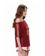 Women Spain Jersey Dark Red Off Shoulder Top for Football Game Day Sports Outfits and Streetwear