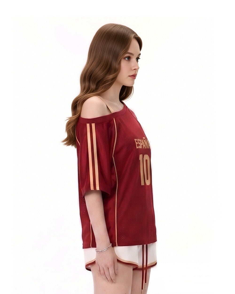 Women Spain Jersey Dark Red Off Shoulder Top for Football Game Day Sports Outfits and Streetwear