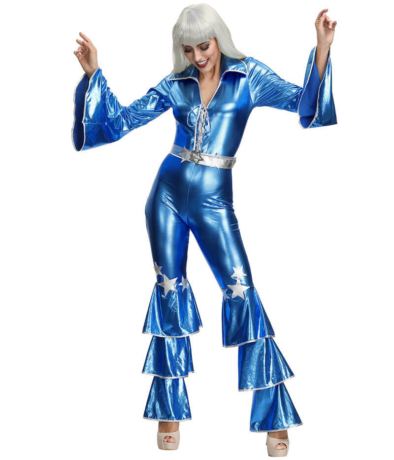 Women Disco Costume Retro Hippie Outfit Ladies Dancing Queen Dream Blue 60s 70s Costume