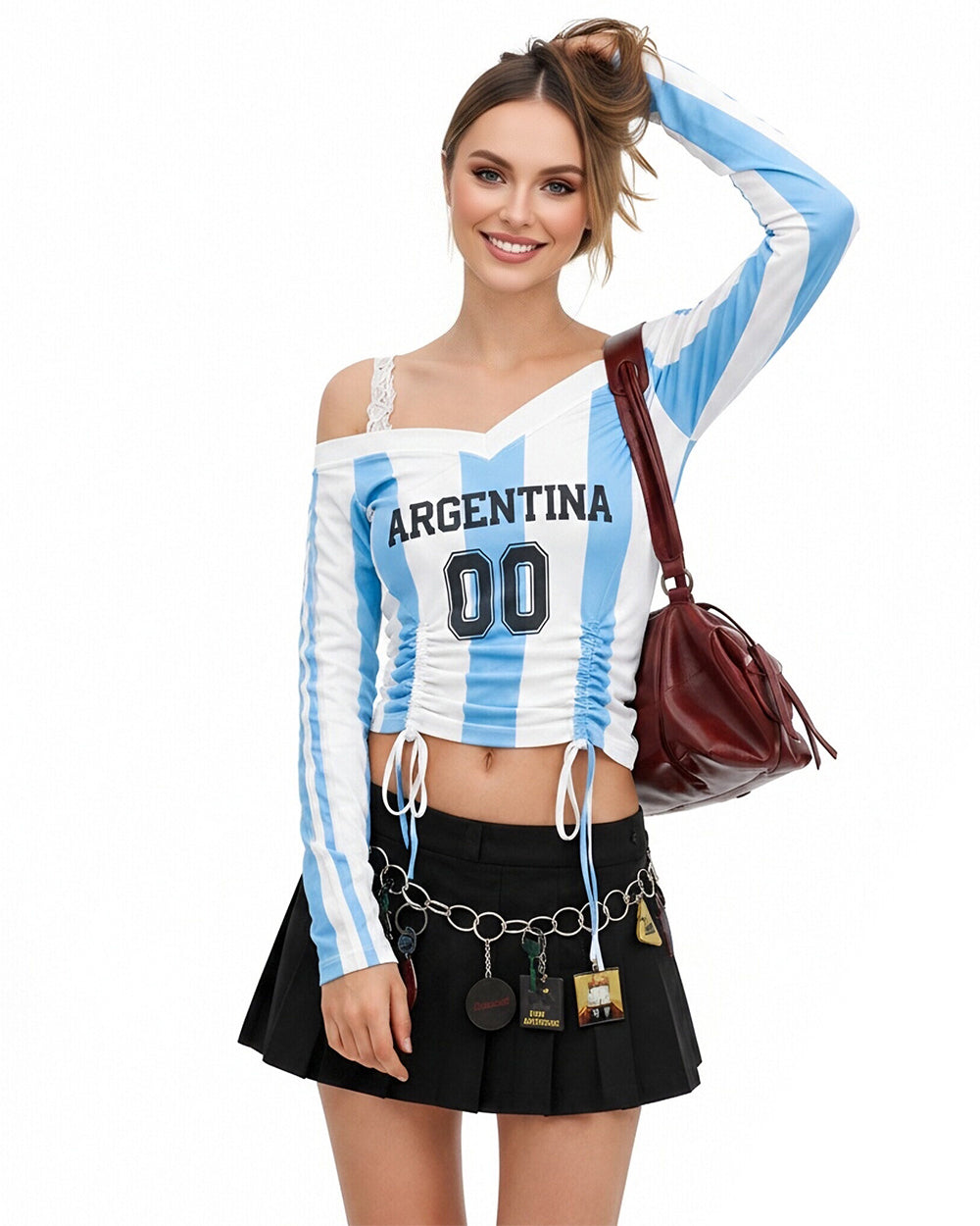 Women's Argentina Jersey Strappy Crop Top Sexy Lace Off Shoulder Ruched Shirt for Game Day