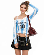 Women's Argentina Jersey Strappy Crop Top Sexy Lace Off Shoulder Ruched Shirt for Game Day
