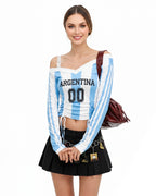 Women's Argentina Jersey Strappy Crop Top Sexy Lace Off Shoulder Ruched Shirt for Game Day