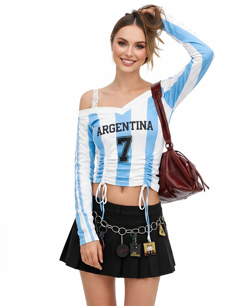 Women's Argentina Jersey Strappy Crop Top Sexy Lace Off Shoulder Ruched Shirt for Game Day