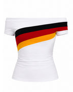 Women's German Football Jersey White Off Shoulder T-Shirt with Germany Team Color Stripes for Match Day Stadium Cheering