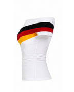 Women's German Football Jersey White Off Shoulder T-Shirt with Germany Team Color Stripes for Match Day Stadium Cheering