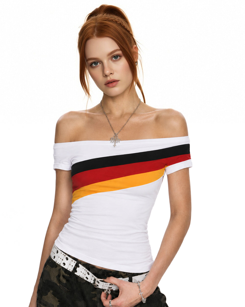 Women's German Football Jersey White Off Shoulder T-Shirt with Germany Team Color Stripes for Match Day Stadium Cheering