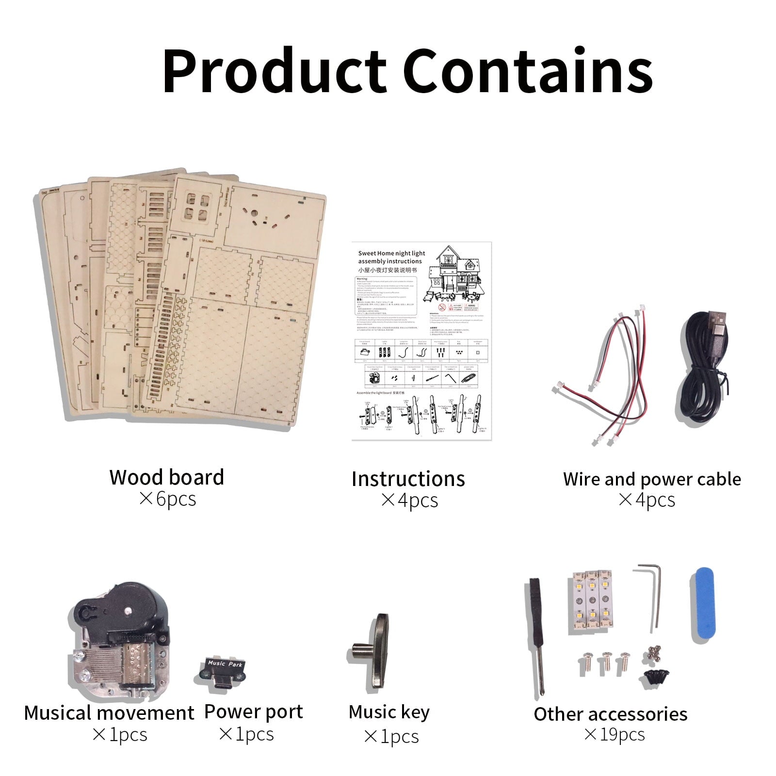 3D Wooden Puzzle Set Music Box with Light DIY Craft Kit Holiday Gifts